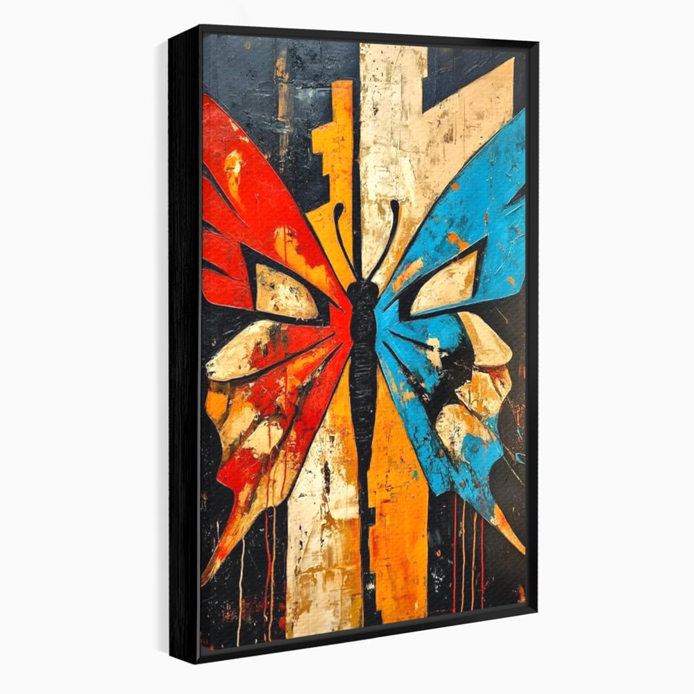 Tablou canvas cu tablou canvas cu fluture stilizat in culori vii, in rama de aluminiu negru