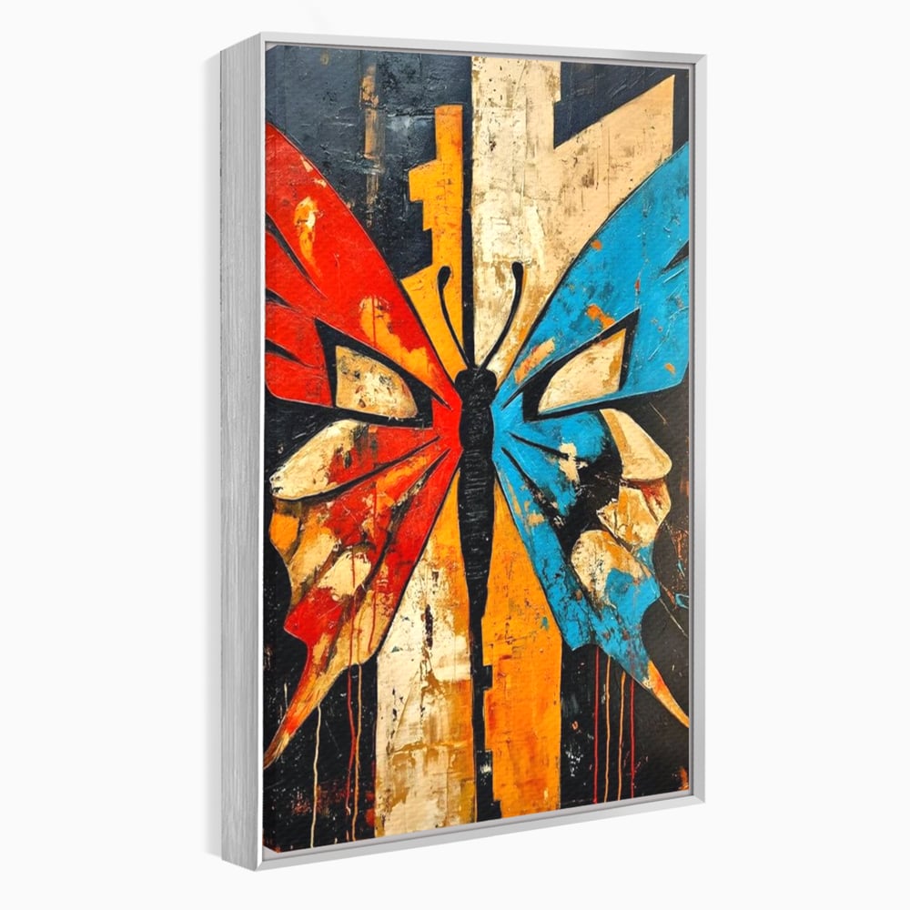 Tablou canvas cu tablou canvas cu fluture stilizat in culori vii, in rama de aluminiu argintiu