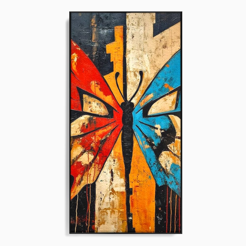 Tablou canvas cu tablou canvas cu fluture stilizat in culori vii, in rama de aluminiu negru