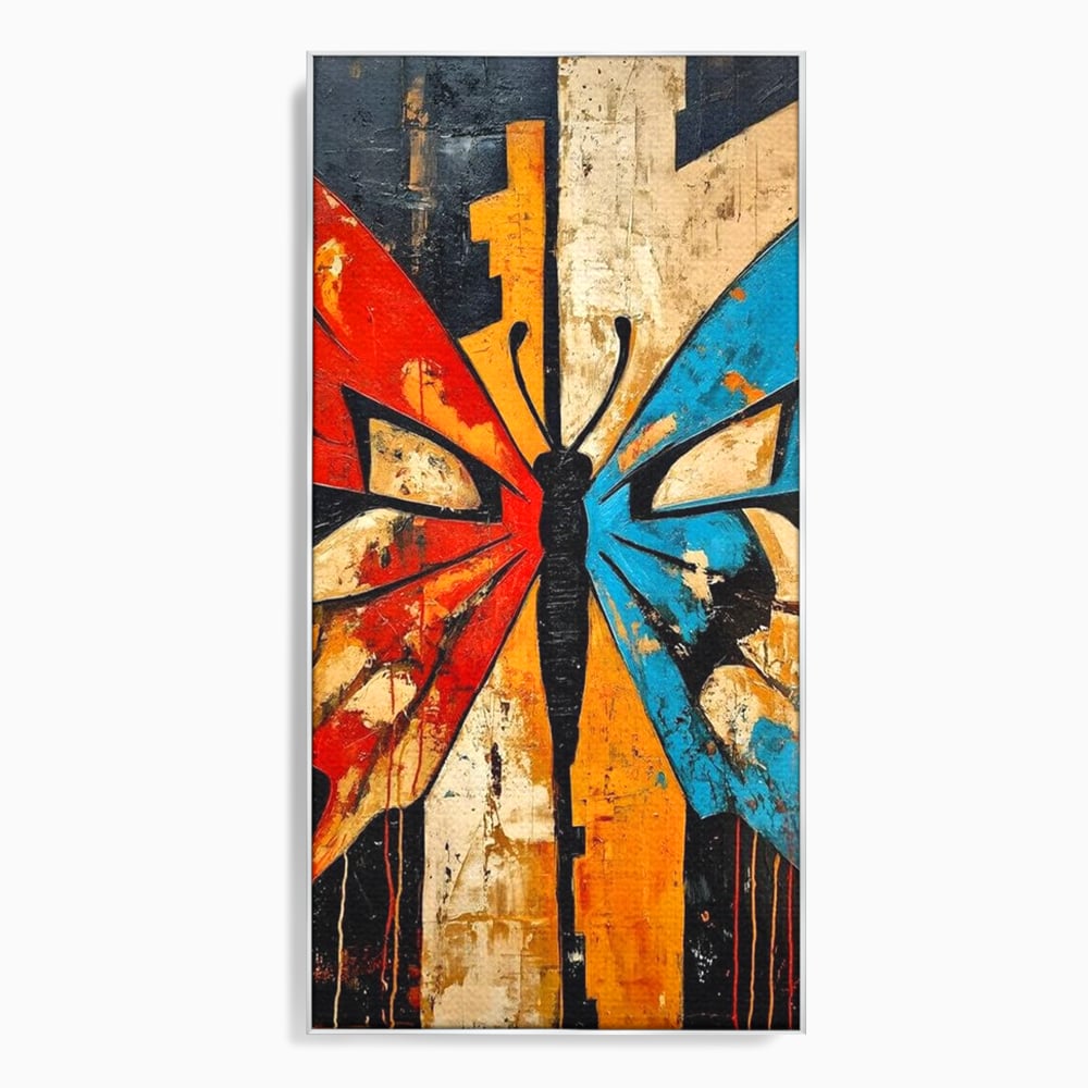 Tablou canvas cu tablou canvas cu fluture stilizat in culori vii, in rama de aluminiu argintiu