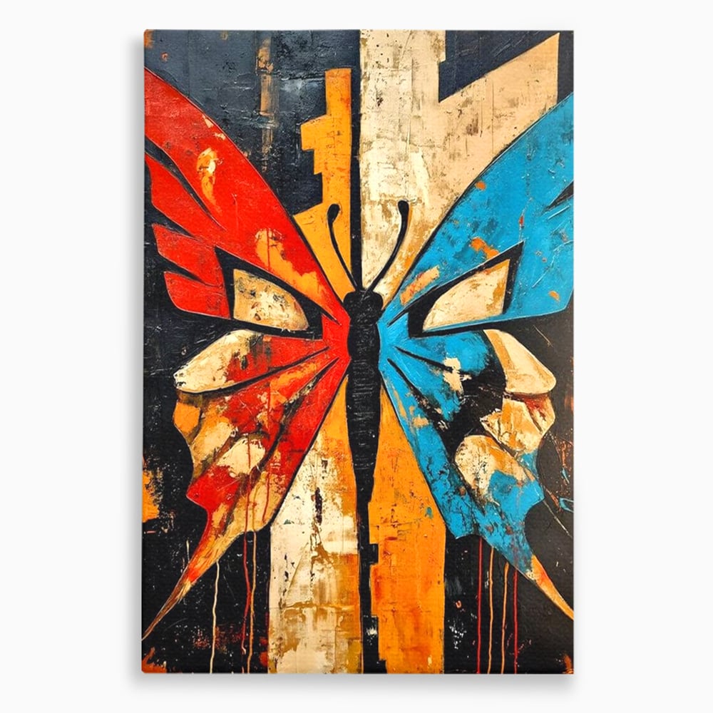 Tablou canvas cu tablou canvas cu fluture stilizat in culori vii, fara rama, pe sasiu de lemn