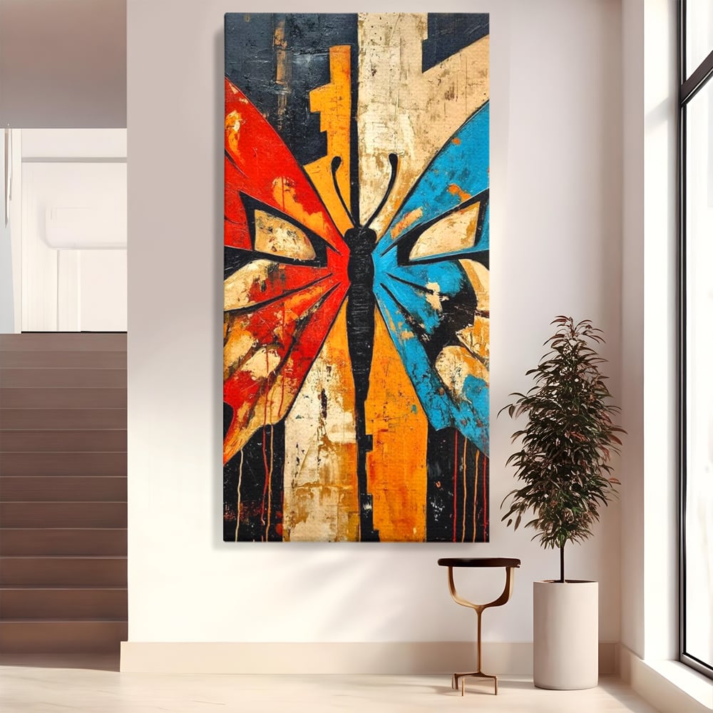 Tablou canvas cu tablou canvas cu fluture stilizat in culori vii, fara rama, pe sasiu de lemn