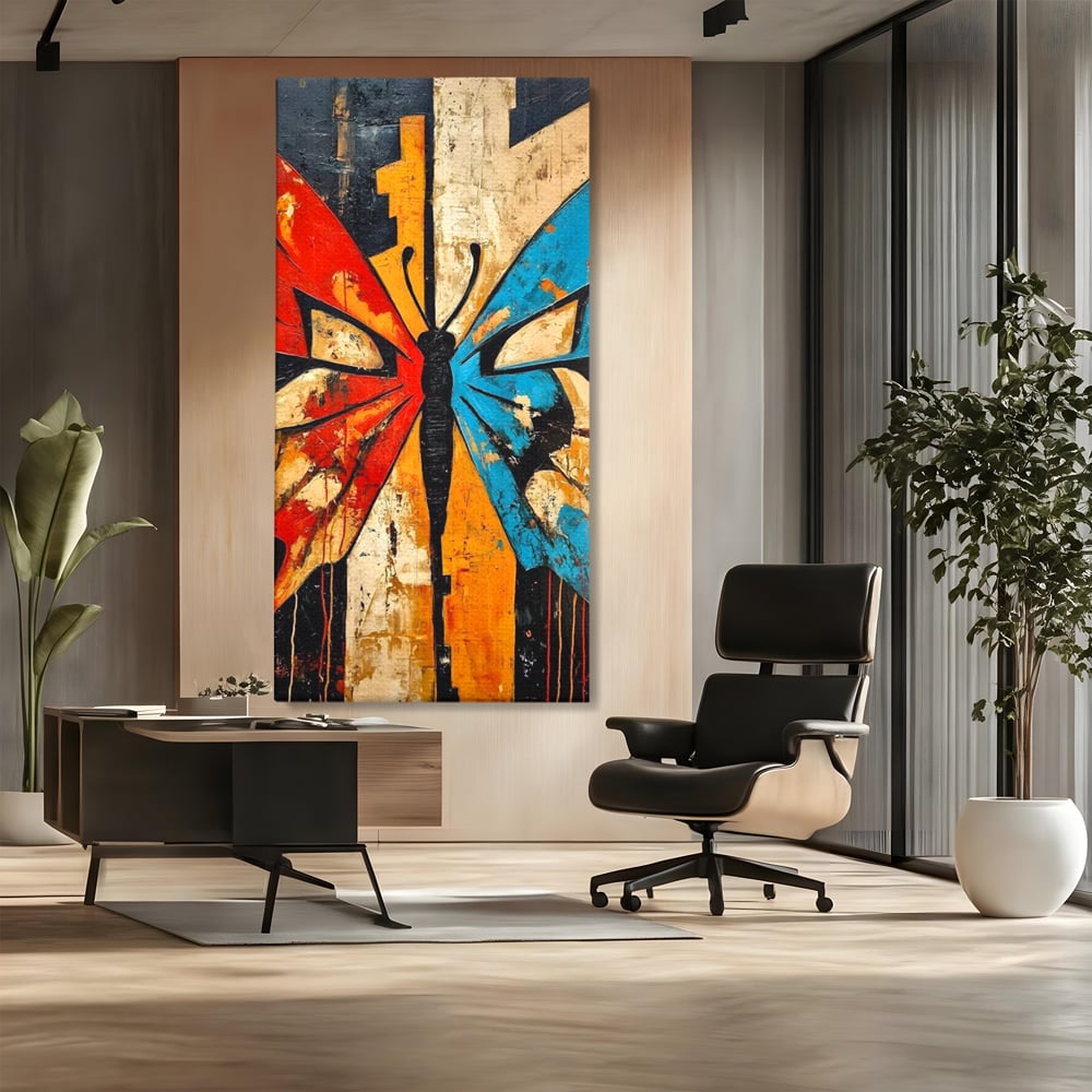Tablou canvas cu tablou canvas cu fluture stilizat in culori vii, fara rama, pe sasiu de lemn, pe perete intr-un birou