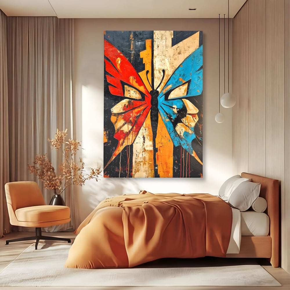Tablou canvas cu tablou canvas cu fluture stilizat in culori vii, fara rama, pe sasiu de lemn, pe perete intr-un dormitor
