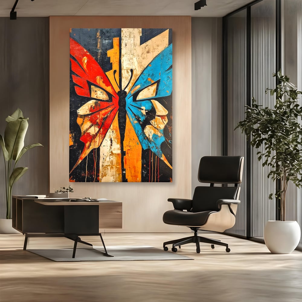 Tablou canvas cu tablou canvas cu fluture stilizat in culori vii, fara rama, pe sasiu de lemn, pe perete intr-un birou
