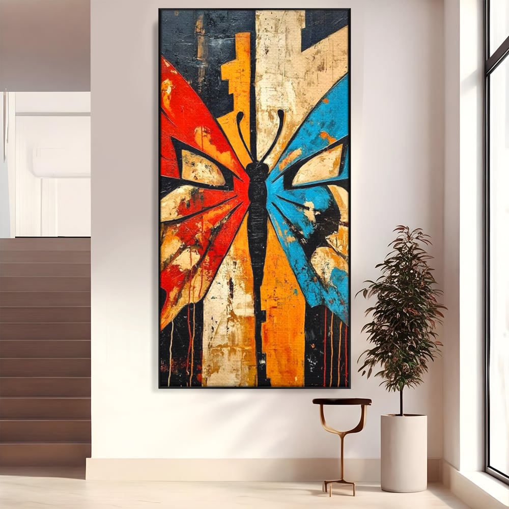 Tablou canvas cu tablou canvas cu fluture stilizat in culori vii, in rama de aluminiu negru