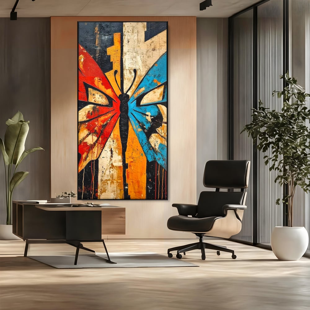 Tablou canvas cu tablou canvas cu fluture stilizat in culori vii, in rama de aluminiu negru, pe perete intr-un birou