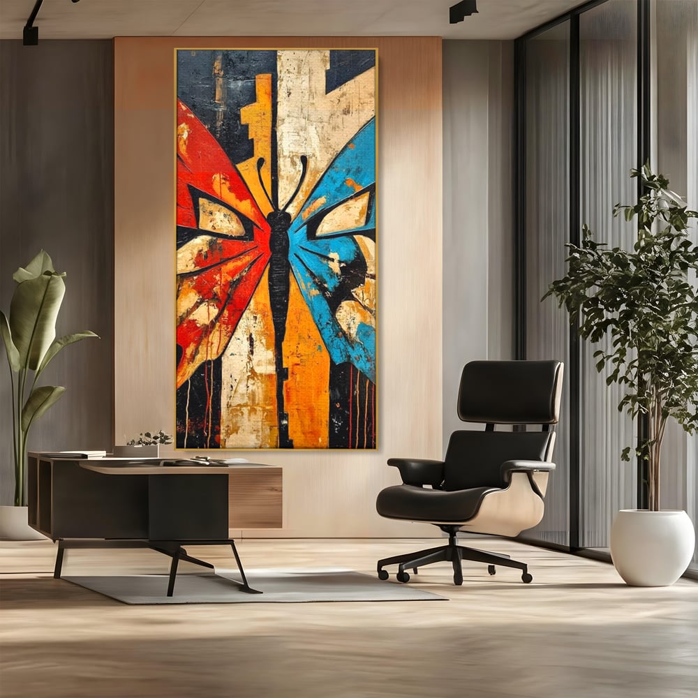 Tablou canvas cu tablou canvas cu fluture stilizat in culori vii, in rama de aluminiu auriu, pe perete intr-un birou