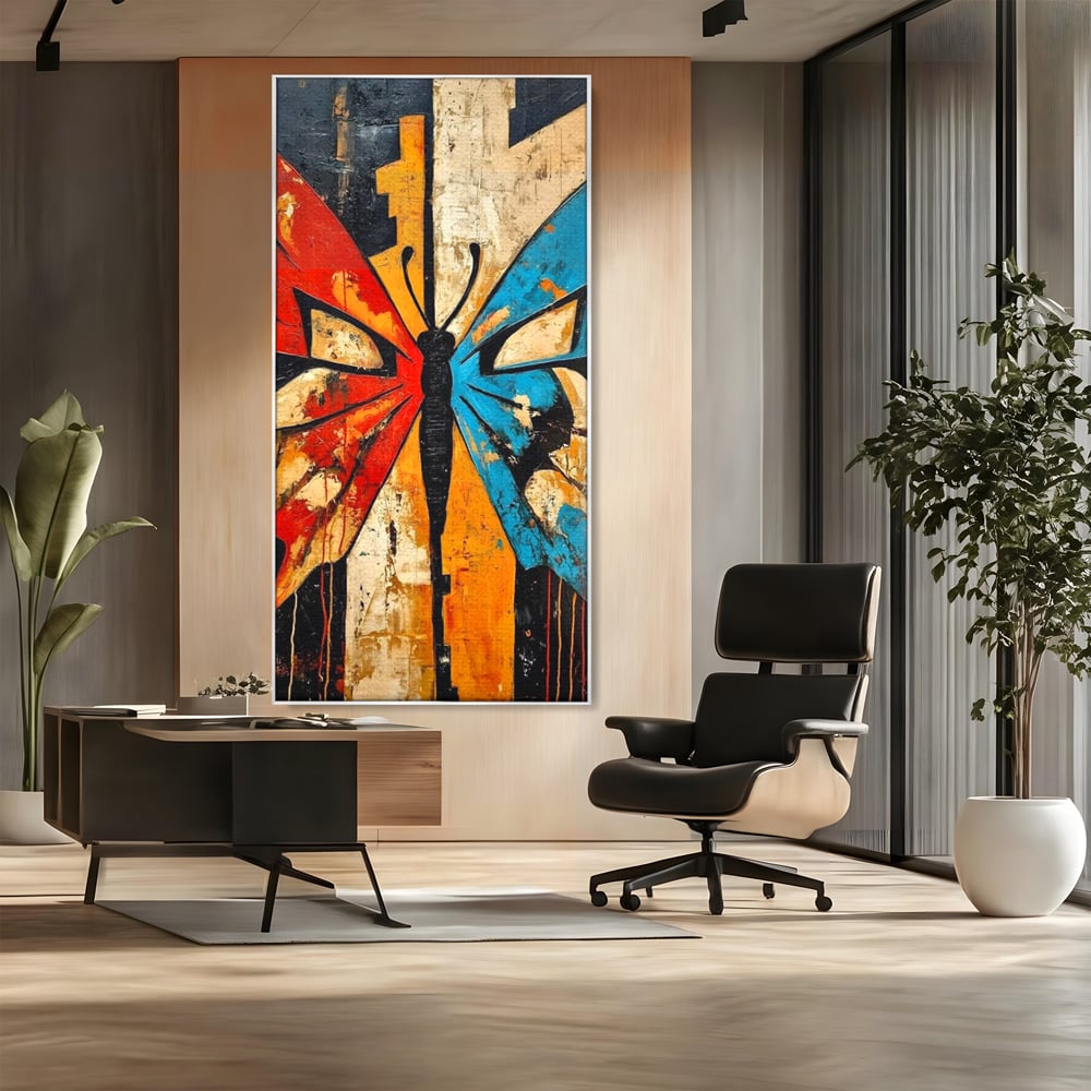 Tablou canvas cu tablou canvas cu fluture stilizat in culori vii, in rama de aluminiu argintiu, pe perete intr-un birou