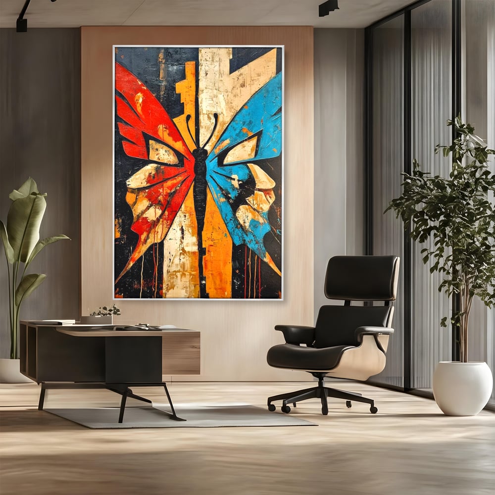 Tablou canvas cu tablou canvas cu fluture stilizat in culori vii, in rama de aluminiu argintiu, pe perete intr-un birou