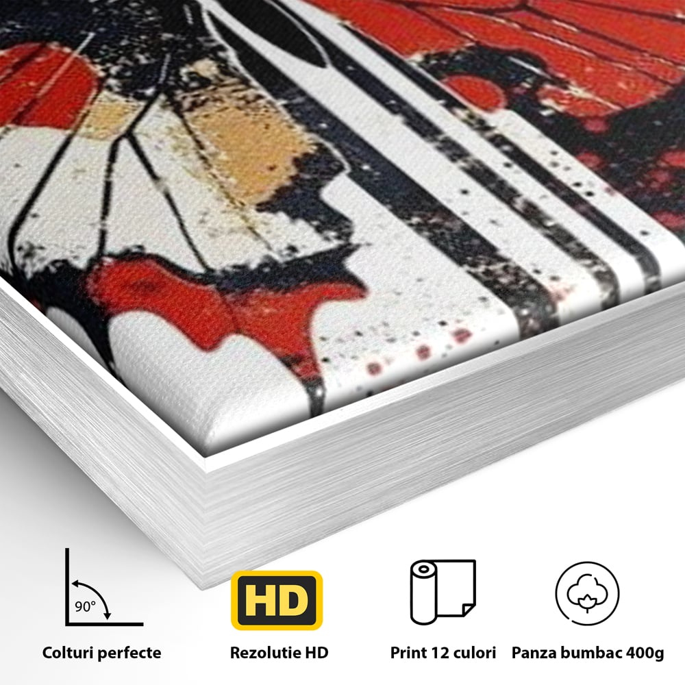 Detaliu al suprafetei: tablou canvas cu fluture grafic, in rama de aluminiu argintiu
