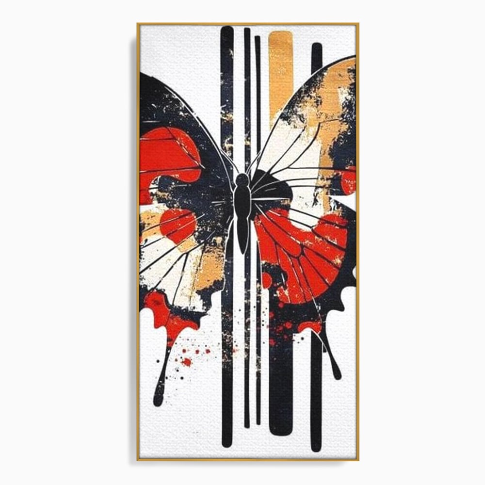 Tablou canvas cu tablou canvas cu fluture grafic, in rama de aluminiu auriu