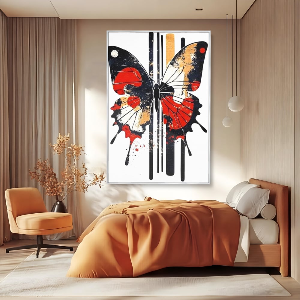 Tablou canvas cu tablou canvas cu fluture grafic, in rama de aluminiu argintiu, pe perete intr-un dormitor
