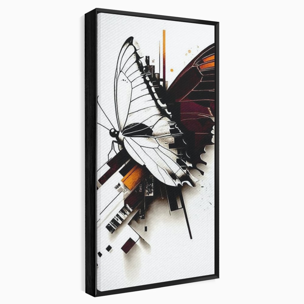 Tablou canvas cu ilustratie digitala cu fluture si linii geometrice, in rama de aluminiu negru