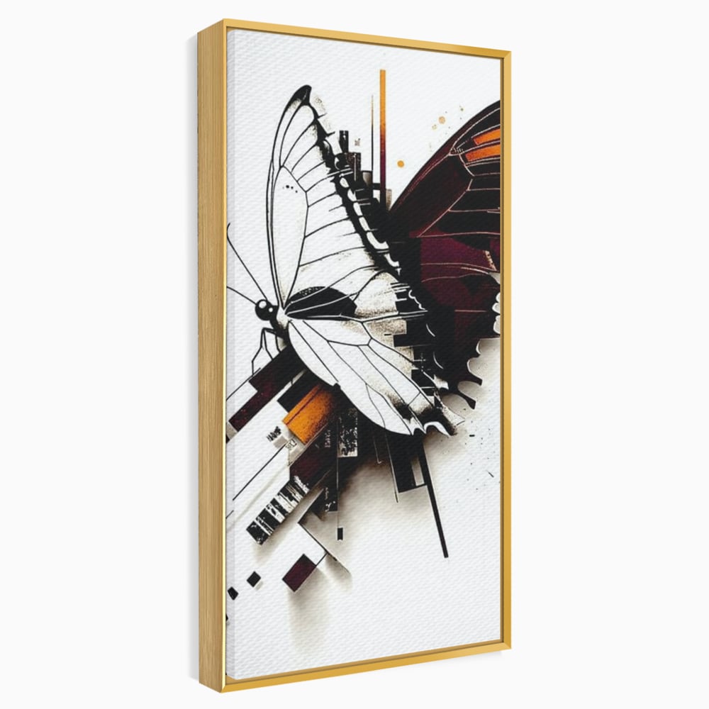 Tablou canvas cu ilustratie digitala cu fluture si linii geometrice, in rama de aluminiu auriu