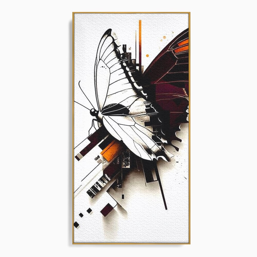 Tablou canvas cu ilustratie digitala cu fluture si linii geometrice, in rama de aluminiu auriu