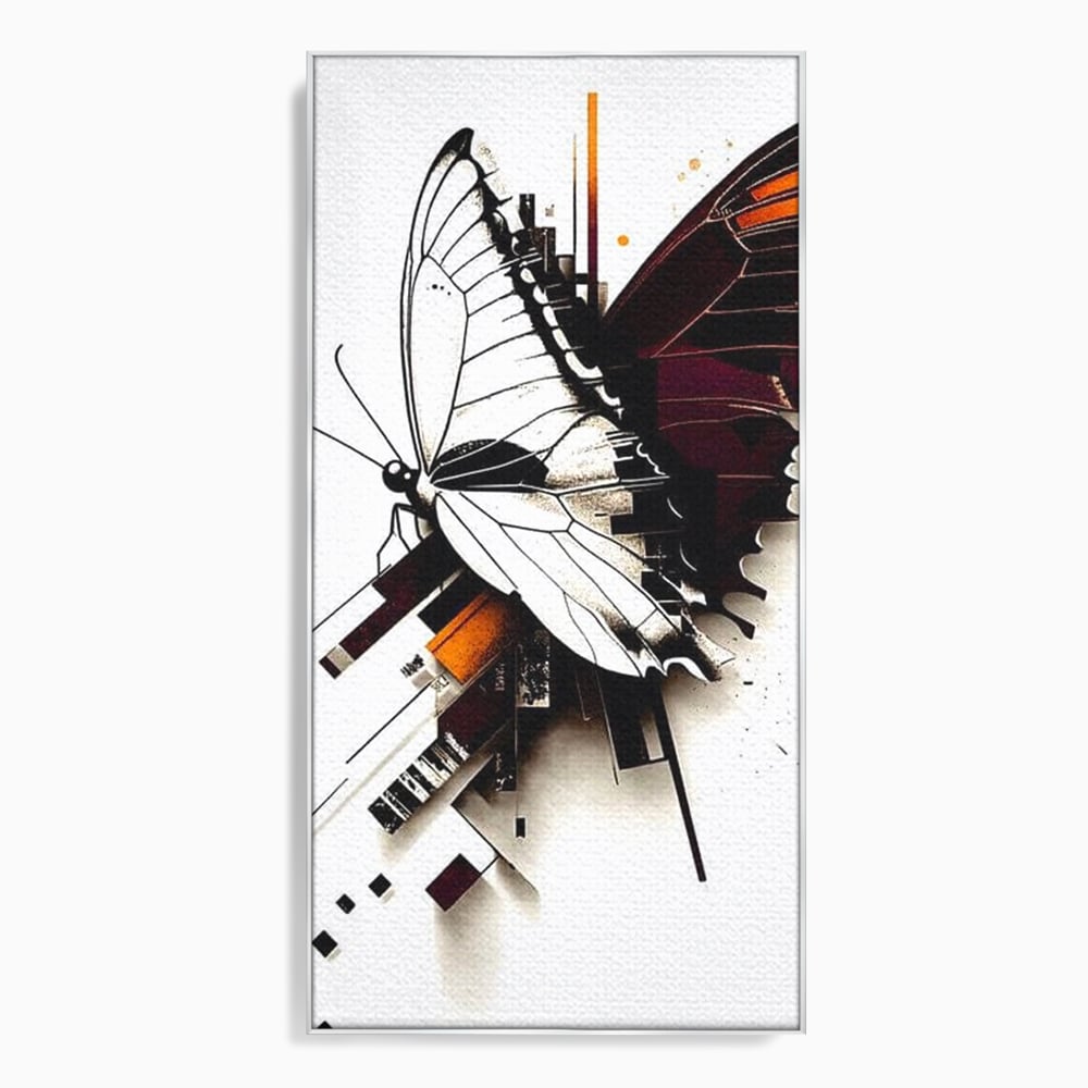 Tablou canvas cu ilustratie digitala cu fluture si linii geometrice, in rama de aluminiu argintiu