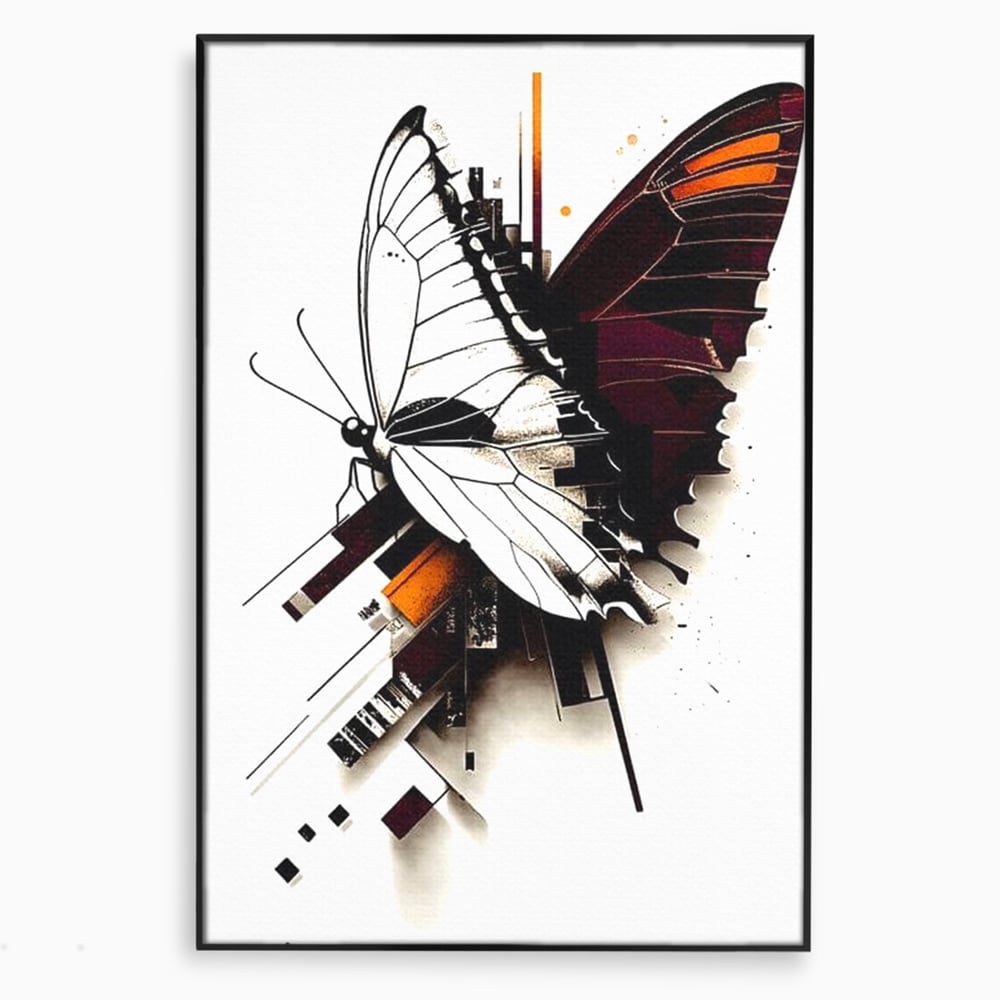 Tablou canvas cu ilustratie digitala cu fluture si linii geometrice, in rama de aluminiu negru