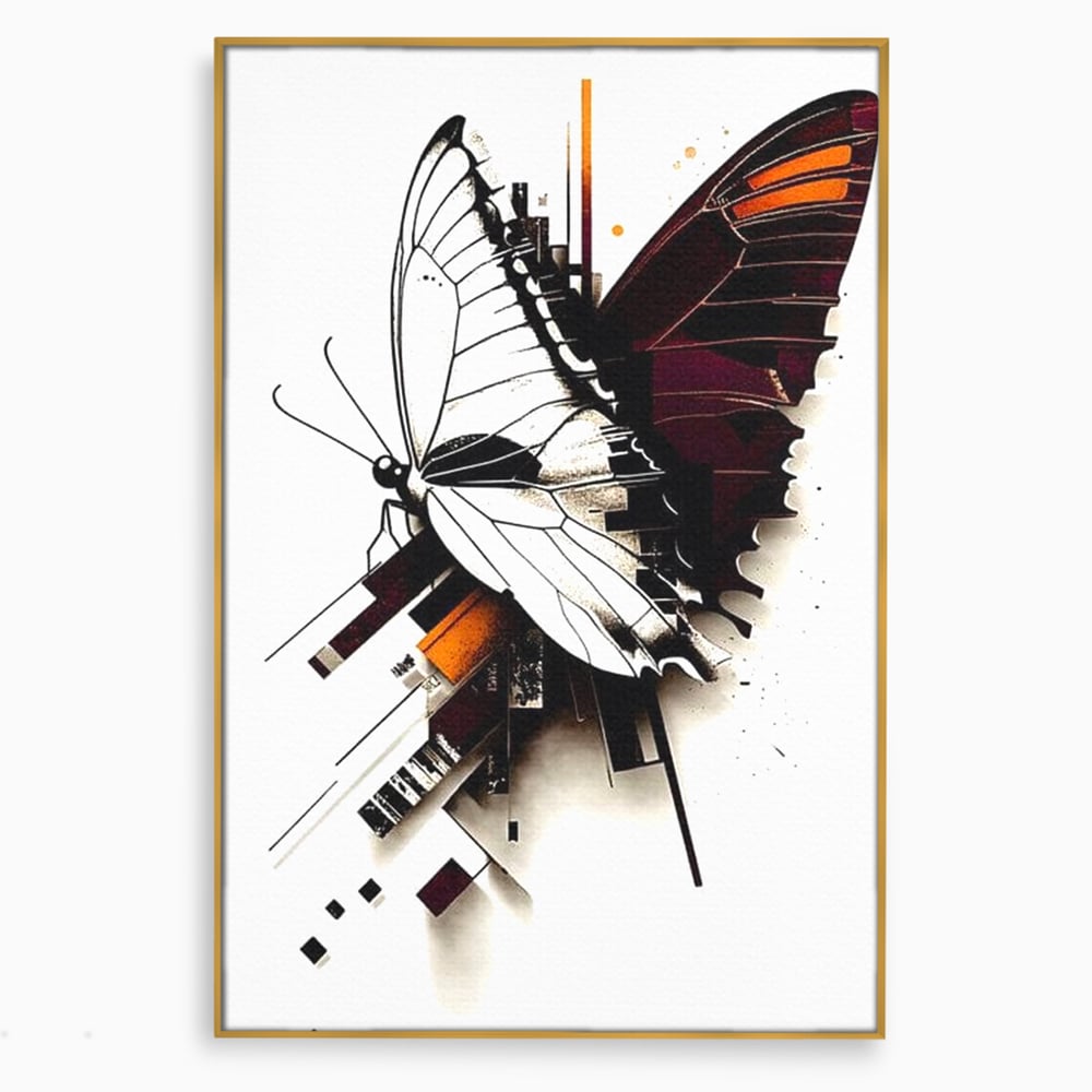 Tablou canvas cu ilustratie digitala cu fluture si linii geometrice, in rama de aluminiu auriu