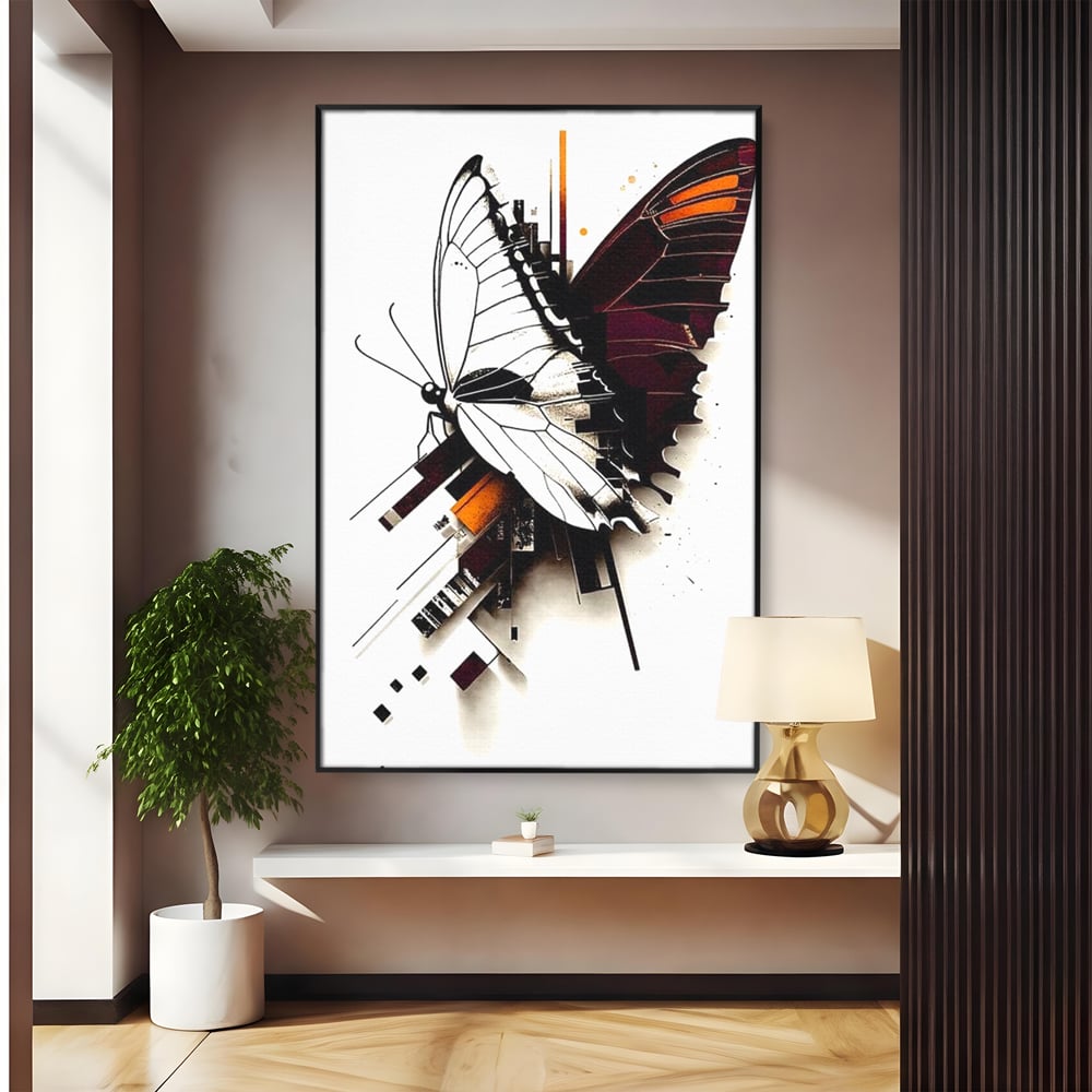 Tablou canvas cu ilustratie digitala cu fluture si linii geometrice, in rama de aluminiu negru