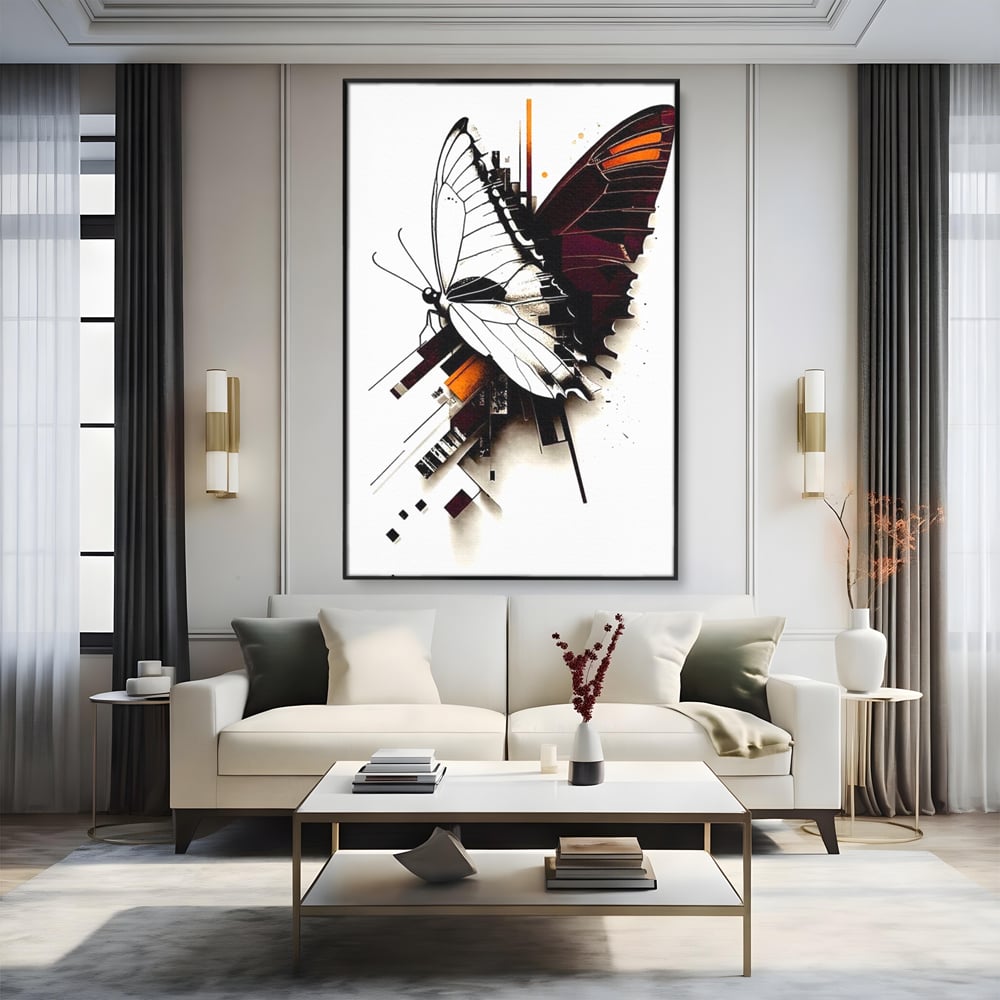 Tablou canvas cu ilustratie digitala cu fluture si linii geometrice, in rama de aluminiu negru, pe perete intr-un living