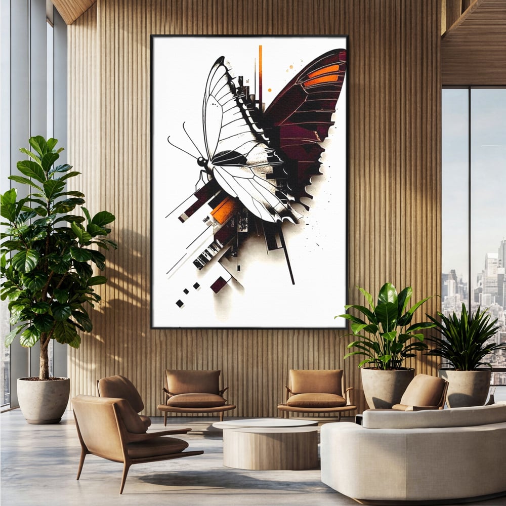 Tablou canvas cu ilustratie digitala cu fluture si linii geometrice, in rama de aluminiu negru, pe perete intr-un birou