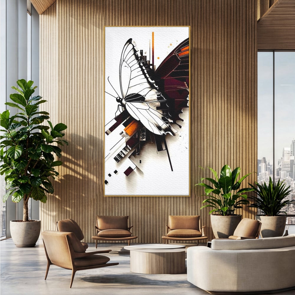 Tablou canvas cu ilustratie digitala cu fluture si linii geometrice, in rama de aluminiu auriu, pe perete intr-un birou