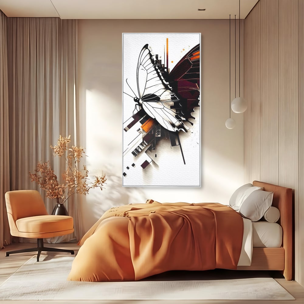 Tablou canvas cu ilustratie digitala cu fluture si linii geometrice, in rama de aluminiu argintiu, pe perete intr-un dormitor