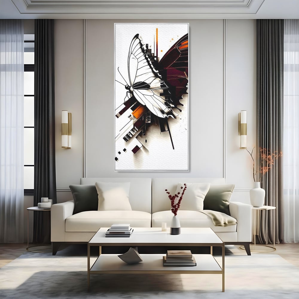 Tablou canvas cu ilustratie digitala cu fluture si linii geometrice, in rama de aluminiu argintiu, pe perete intr-un living
