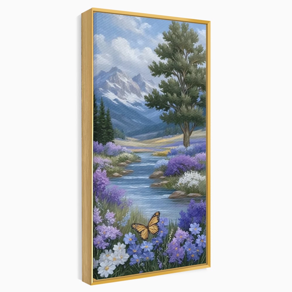 Tablou canvas cu tablou pictura peisaj montan cu rau si flori, in rama de aluminiu auriu