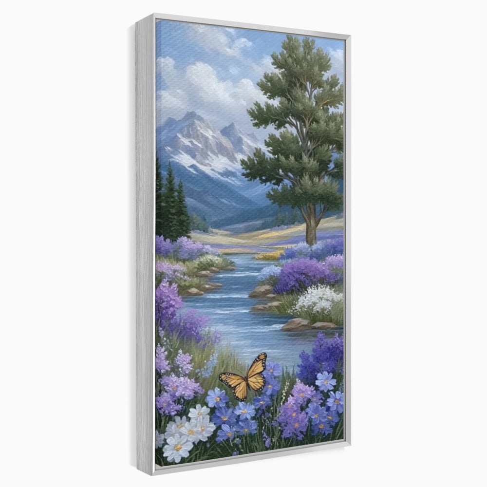 Tablou canvas cu tablou pictura peisaj montan cu rau si flori, in rama de aluminiu argintiu