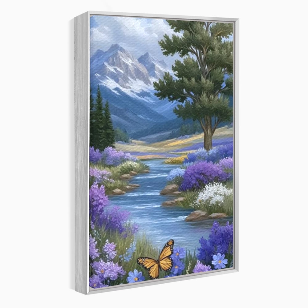 Tablou canvas cu tablou pictura peisaj montan cu rau si flori, in rama de aluminiu argintiu