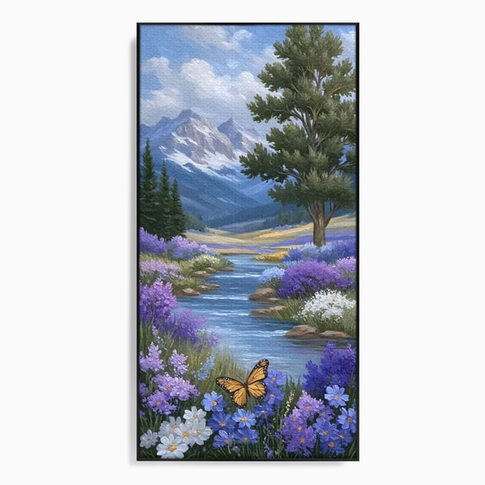 Tablou canvas cu tablou pictura peisaj montan cu rau si flori, in rama de aluminiu negru