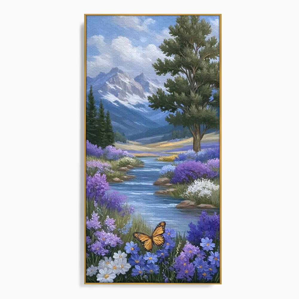 Tablou canvas cu tablou pictura peisaj montan cu rau si flori, in rama de aluminiu auriu