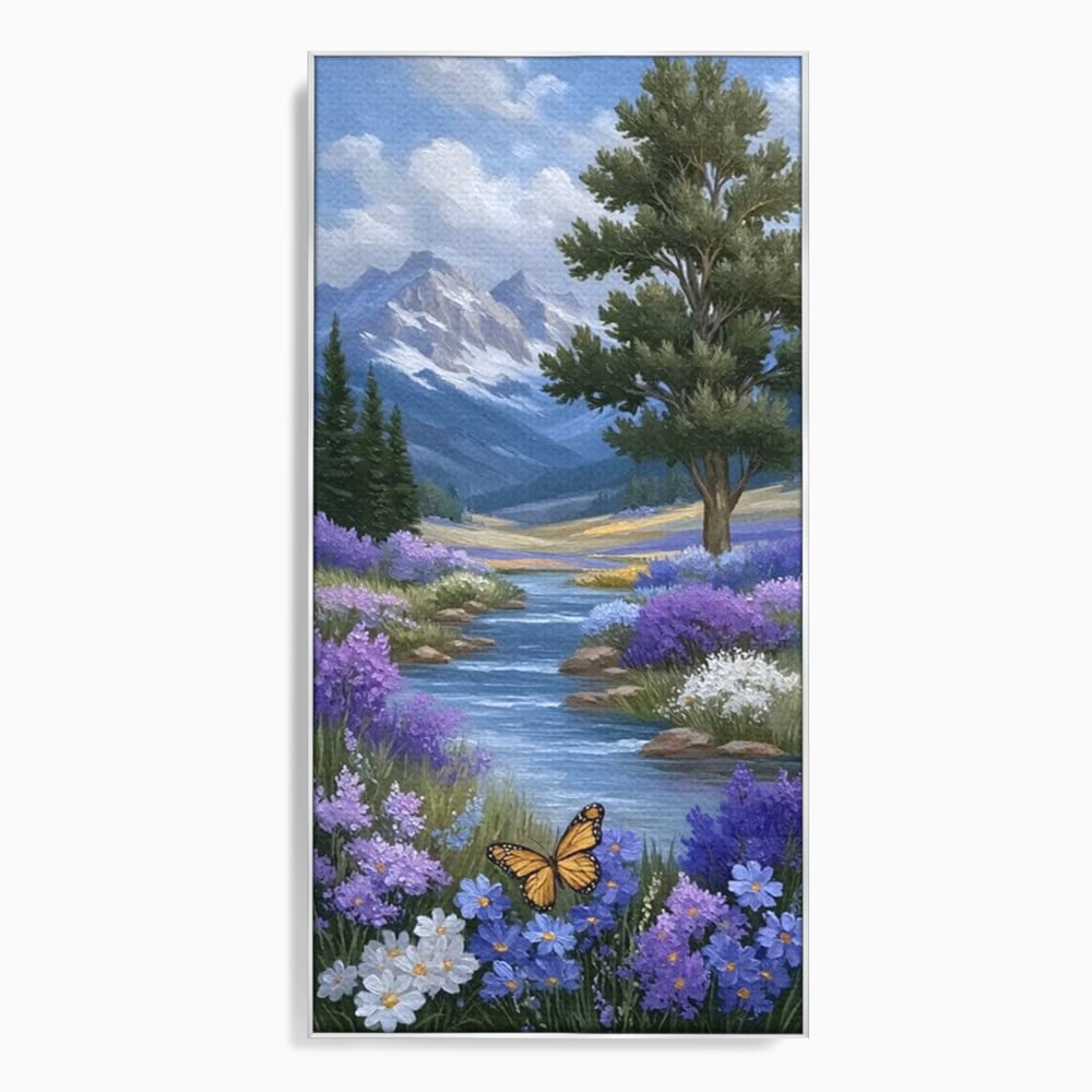 Tablou canvas cu tablou pictura peisaj montan cu rau si flori, in rama de aluminiu argintiu