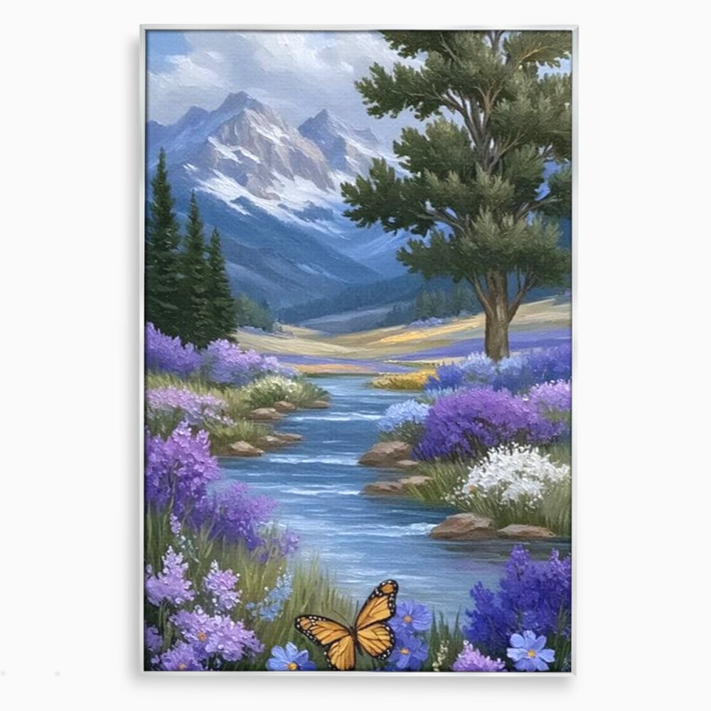 Tablou canvas cu tablou pictura peisaj montan cu rau si flori, in rama de aluminiu argintiu