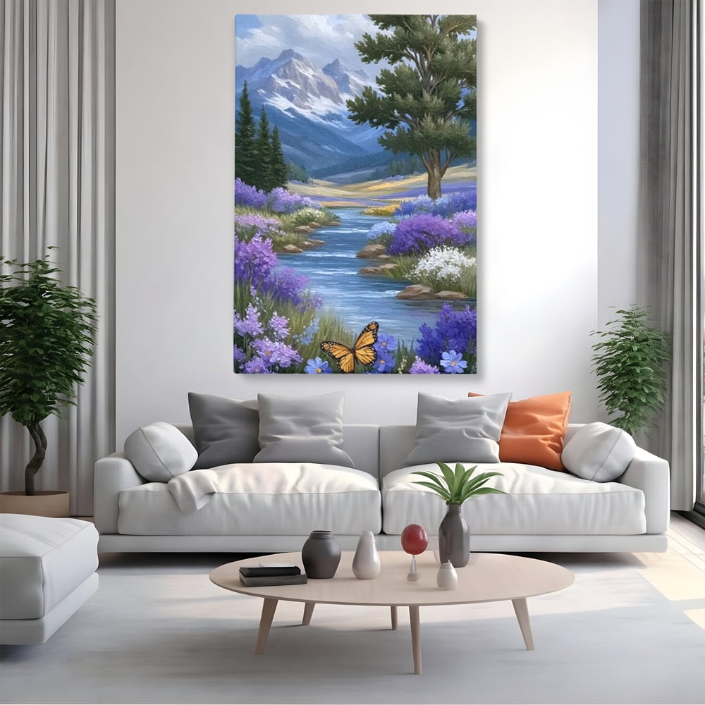 Tablou canvas cu tablou pictura peisaj montan cu rau si flori, fara rama, pe sasiu de lemn, pe perete intr-un living