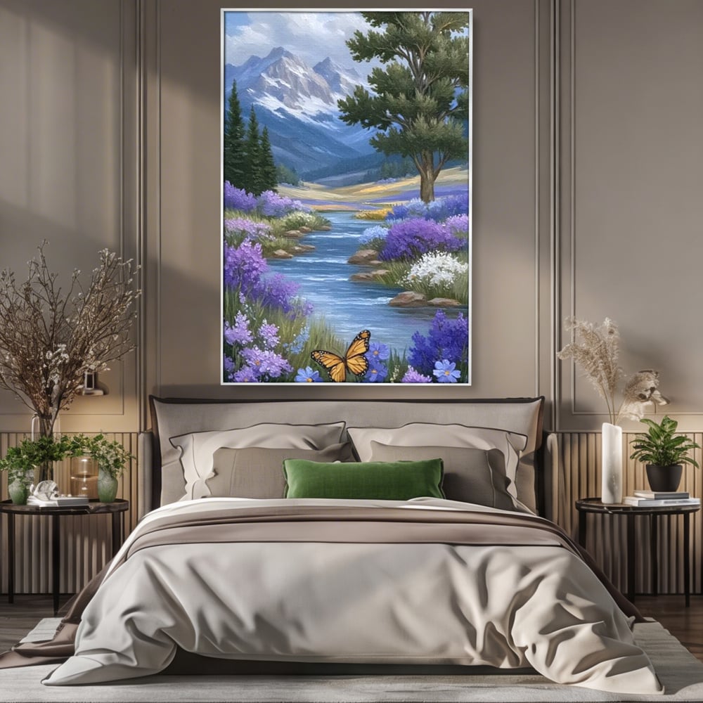 Tablou canvas cu tablou pictura peisaj montan cu rau si flori, in rama de aluminiu argintiu, pe perete intr-un dormitor