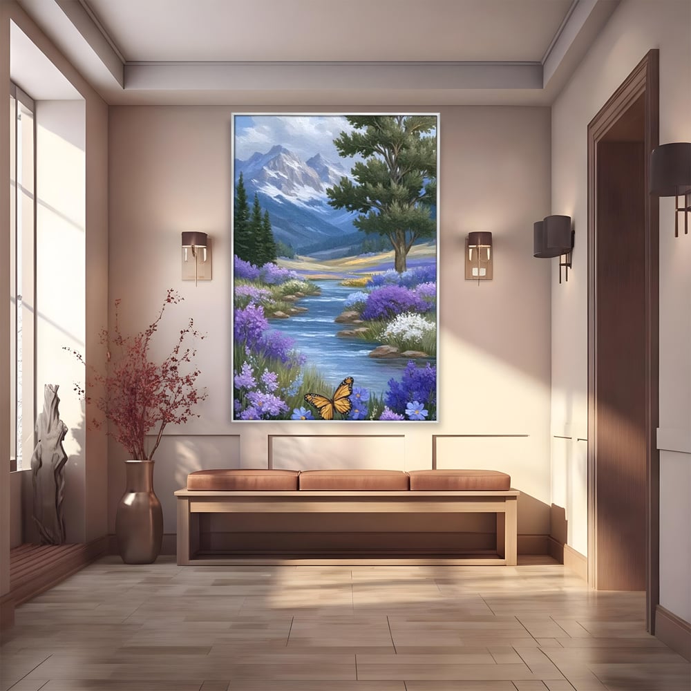 Tablou canvas cu tablou pictura peisaj montan cu rau si flori, in rama de aluminiu argintiu