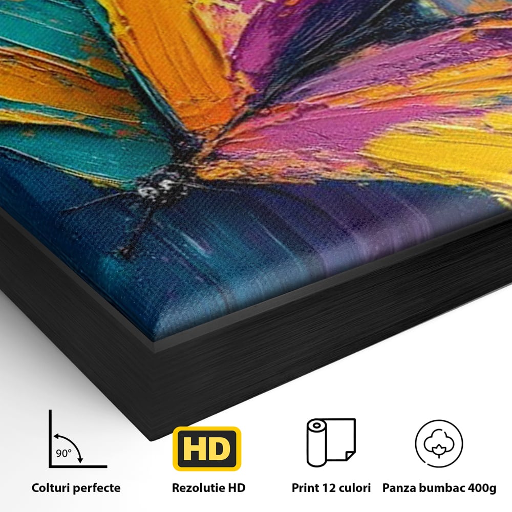 Detaliu al suprafetei: pictura canvas cu fluture colorat, in rama de aluminiu negru