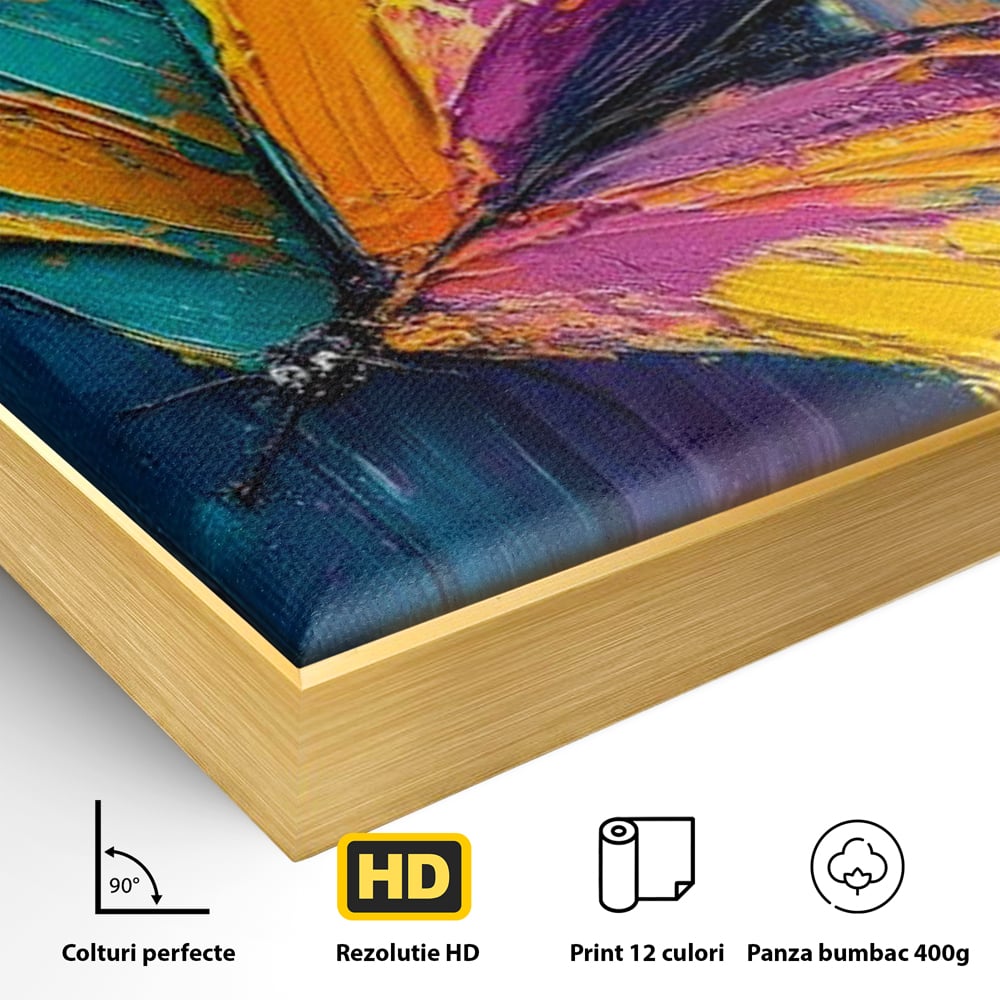 Detaliu al suprafetei: pictura canvas cu fluture colorat, in rama de aluminiu auriu