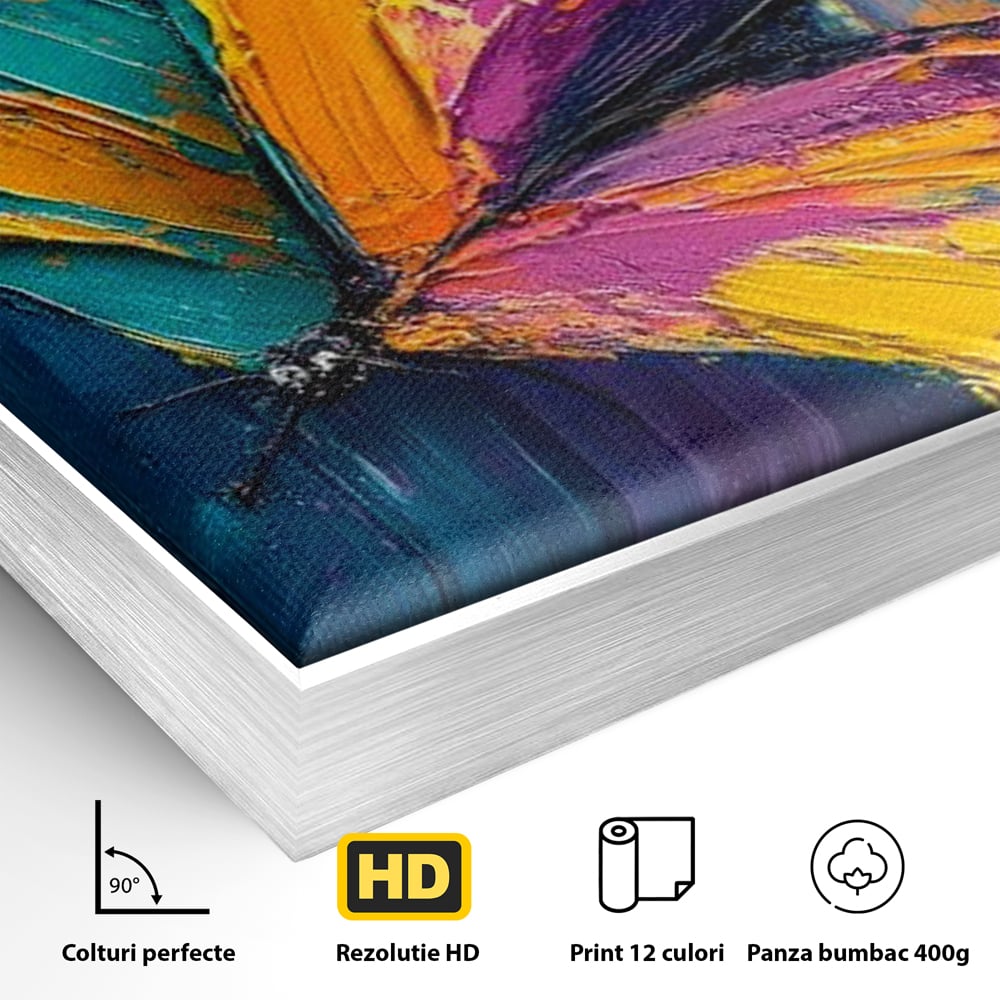 Detaliu al suprafetei: pictura canvas cu fluture colorat, in rama de aluminiu argintiu