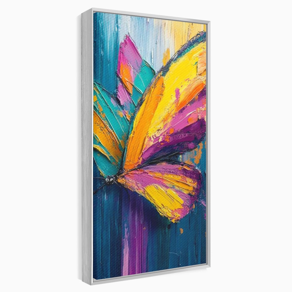 Tablou canvas cu pictura canvas cu fluture colorat, in rama de aluminiu argintiu