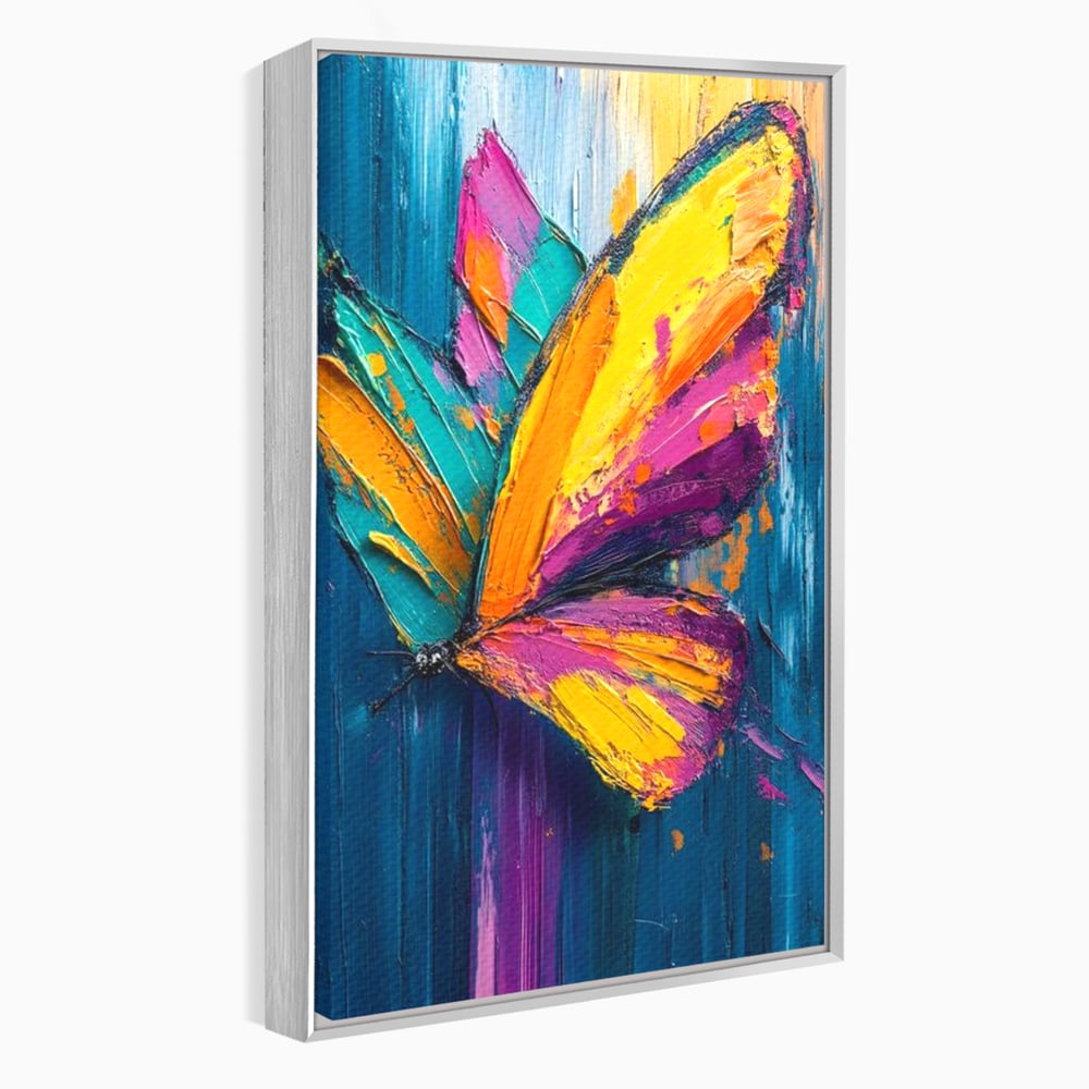 Tablou canvas cu pictura canvas cu fluture colorat, in rama de aluminiu argintiu