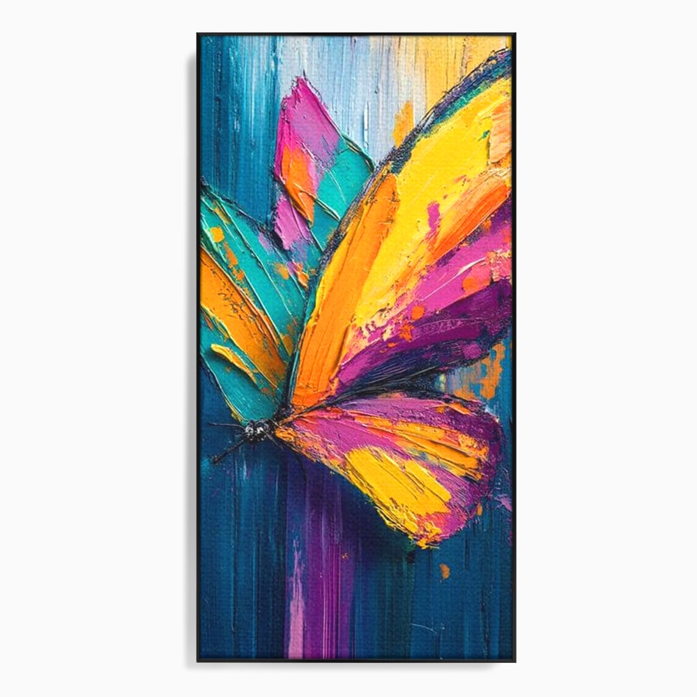 Tablou canvas cu pictura canvas cu fluture colorat, in rama de aluminiu negru