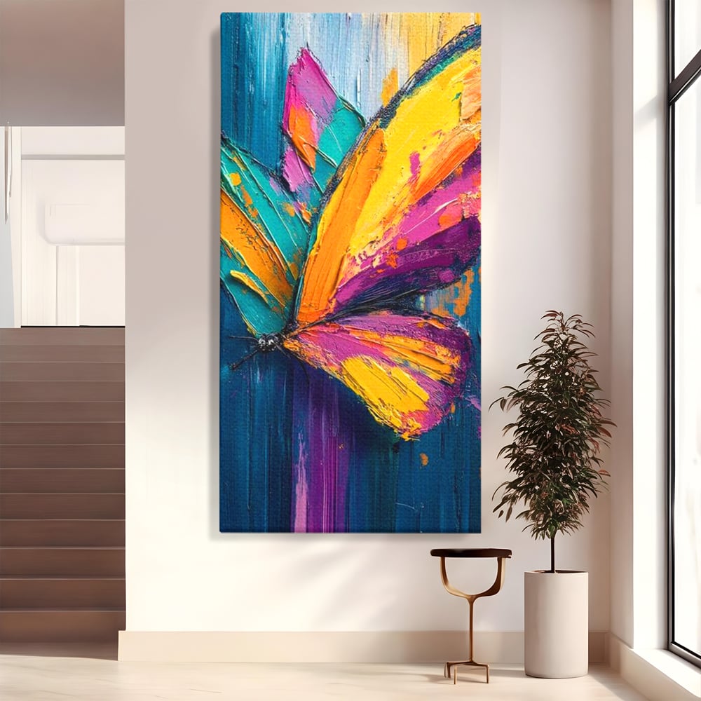 Tablou canvas cu pictura canvas cu fluture colorat, fara rama, pe sasiu de lemn