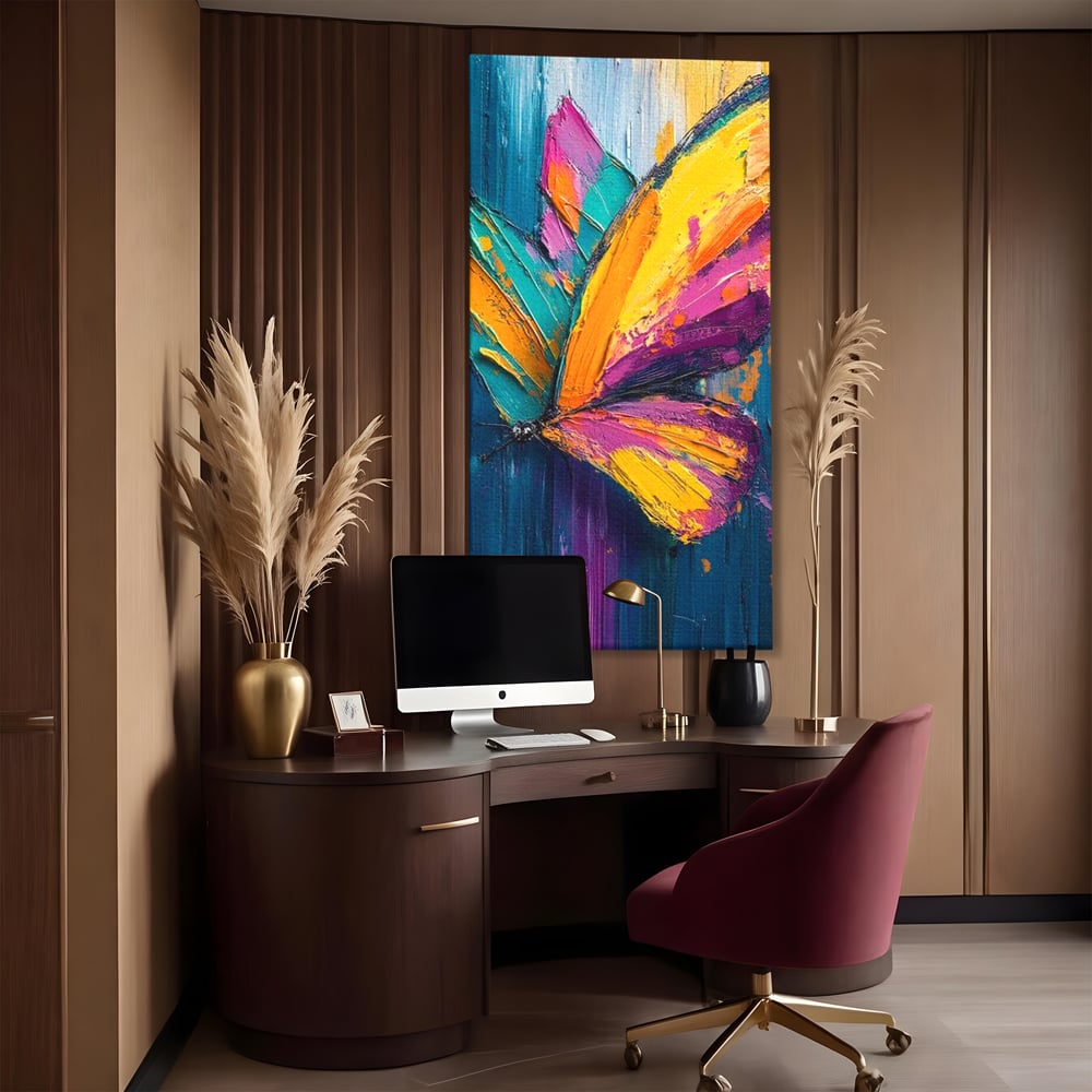 Tablou canvas cu pictura canvas cu fluture colorat, fara rama, pe sasiu de lemn, pe perete intr-un birou
