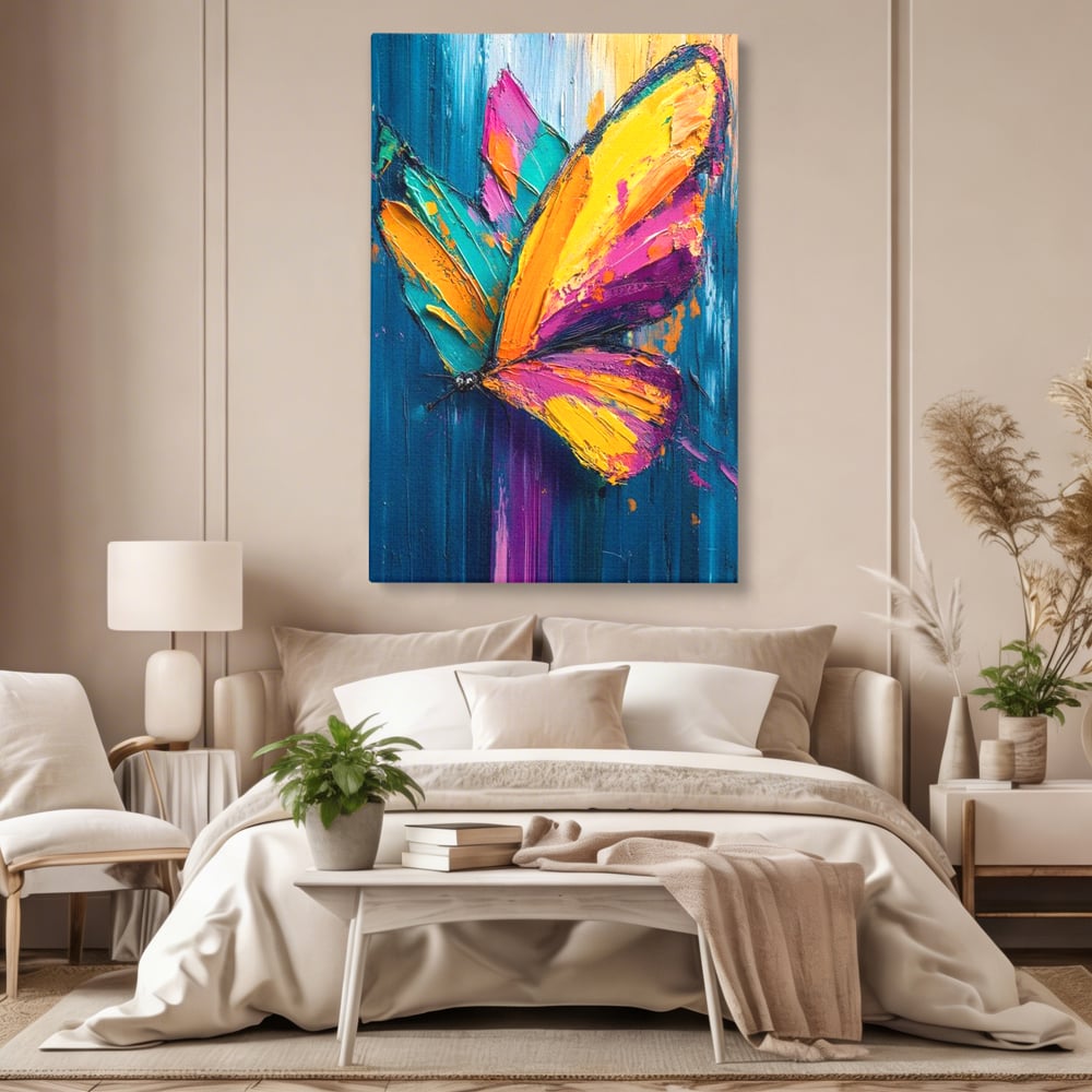 Tablou canvas cu pictura canvas cu fluture colorat, fara rama, pe sasiu de lemn, pe perete intr-un dormitor