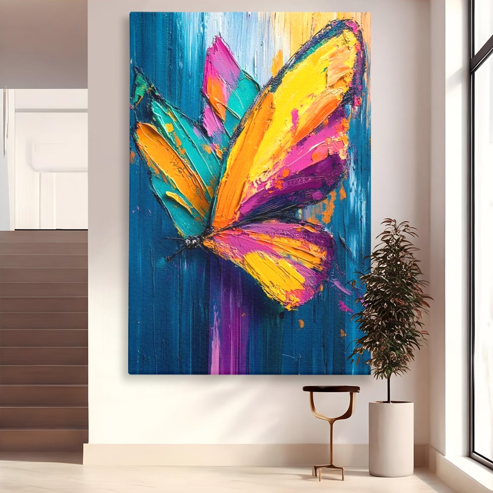 Tablou canvas cu pictura canvas cu fluture colorat, fara rama, pe sasiu de lemn