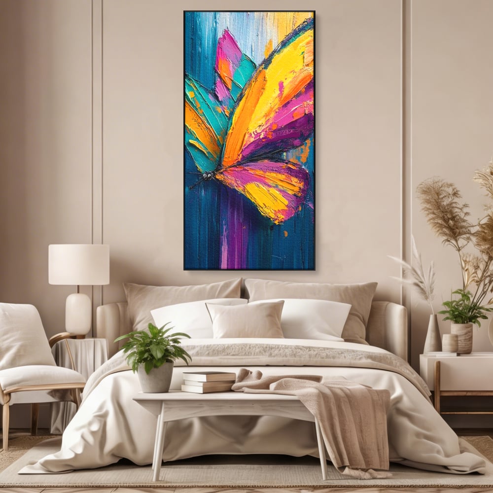 Tablou canvas cu pictura canvas cu fluture colorat, in rama de aluminiu negru, pe perete intr-un dormitor